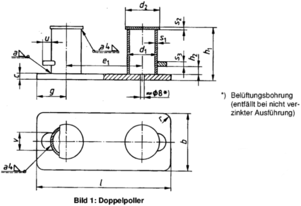 DIN 82602 Double Bollards with Foundation Plate Weldable Steel Tubes